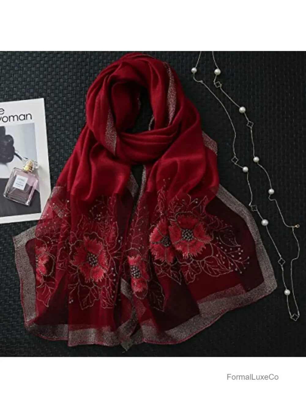 30% Silk 70% Acrylic Embroidered Floral Long Scarf Wrap Shawl
